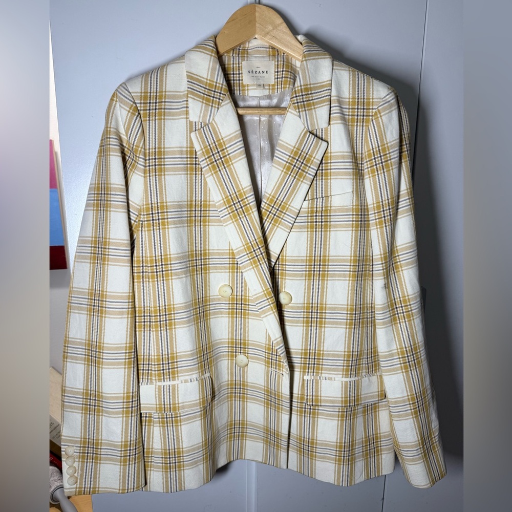 Sezane Christie Jacket Blazer Yellow Cream and Brown Plaid Blazer